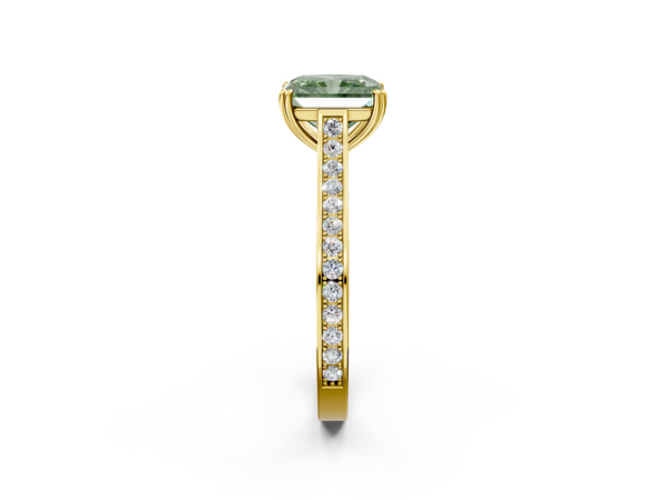 Yellow gold Fancy Green Radiant  Diamond Solitaire with Pave Band and Six-Prong Setting