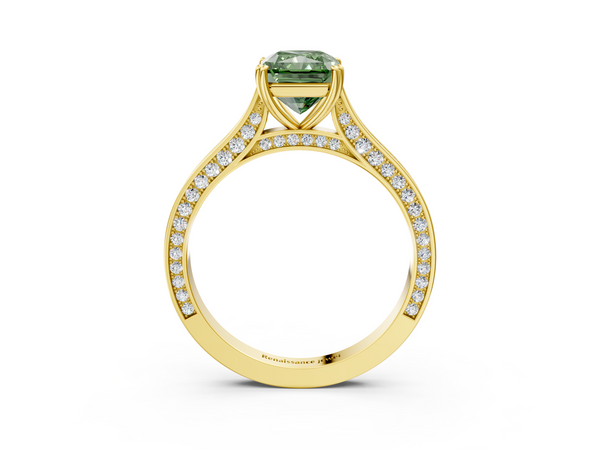 Yellow gold Fancy Green Radiant  Diamond Solitaire with Pave Band and Six-Prong Setting
