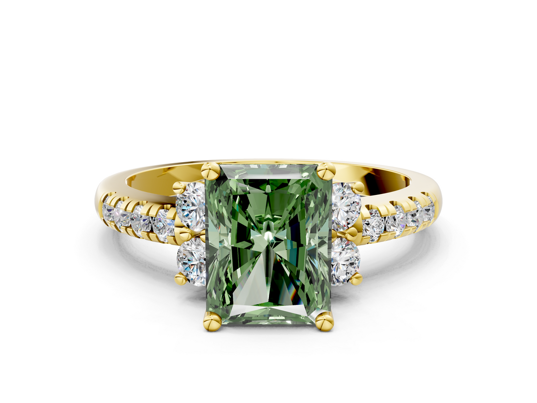 Yellow gold Fancy Green Radiant  Diamond Three-Stone Pave Band with Four-Prong Setting_20