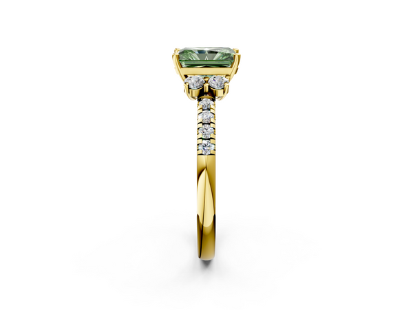 Yellow Gold Radiant Cut Side Stone Pave Engagement Ring Setting for Fancy Green Center