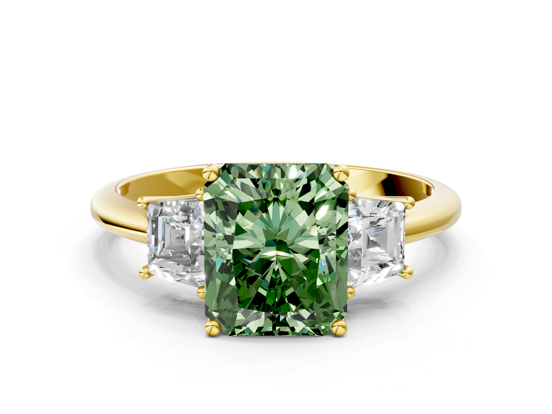 Yellow gold Fancy Green Radiant  Diamond Three-Stone Ring with Trapezoid Side Stones and Prong Setting_16