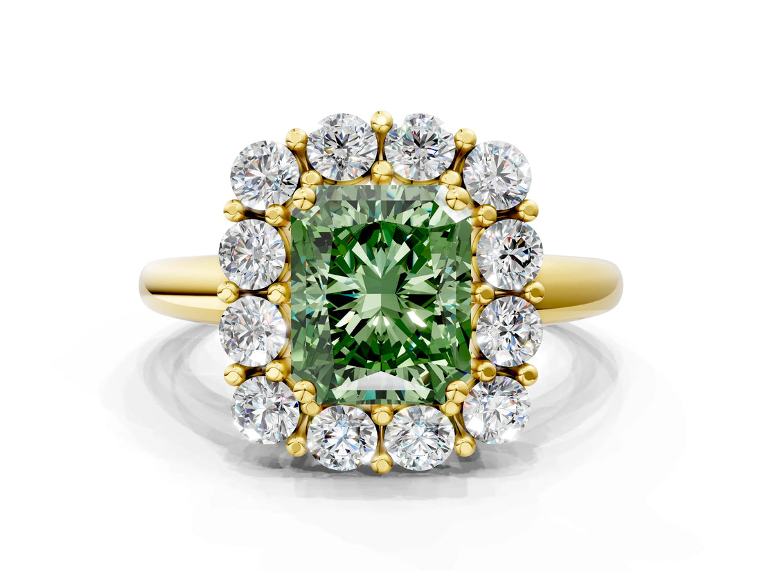 Yellow gold Fancy Green Radiant  Halo Cluster Diamond Engagement Ring with Prong Setting and Polished Band_75