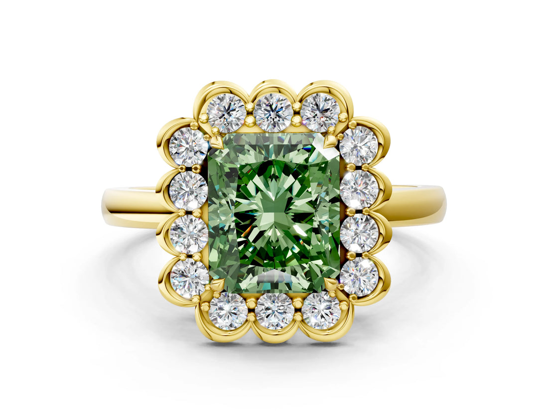 Yellow gold Fancy Green Radiant  Halo Cluster Diamond Engagement Ring with Solitaire Band and Prong Setting_49