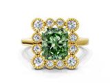 Yellow gold Fancy Green Radiant  Halo Diamond Cluster Engagement Ring with Milgrain Bezel Setting and Solitaire Band_75