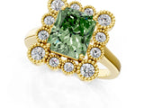 Yellow gold Fancy Green Radiant  Halo Diamond Cluster Engagement Ring with Milgrain Bezel Setting and Solitaire Band_76