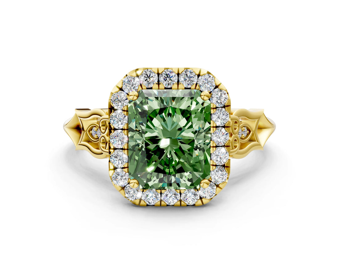 Yellow gold Fancy Green Radiant  Halo Diamond Engagement Ring with Filigree Band and Four-Prong Setting_79