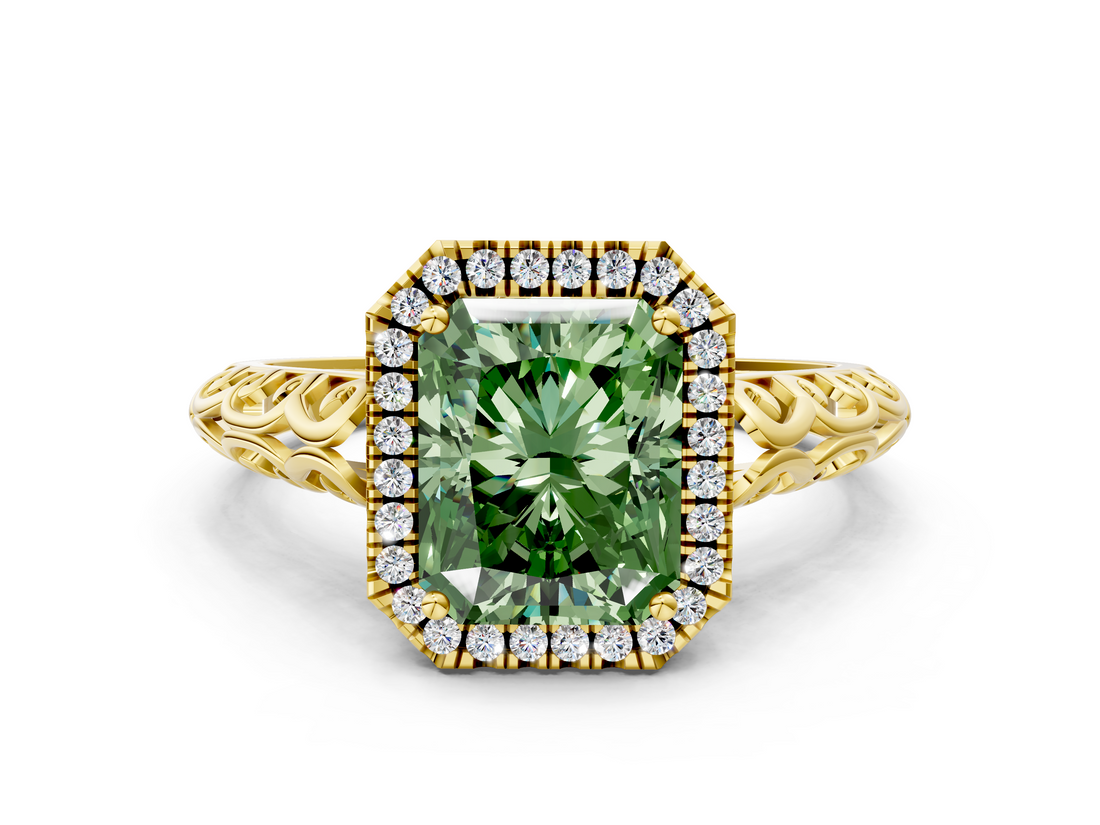 Yellow gold Fancy Green Radiant  Halo Diamond Engagement Ring with Intricate Filigree Band and Four-Prong Setting_54