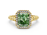 Yellow gold Fancy Green Radiant  Halo Diamond Engagement Ring with Intricate Filigree Band and Four-Prong Setting_54