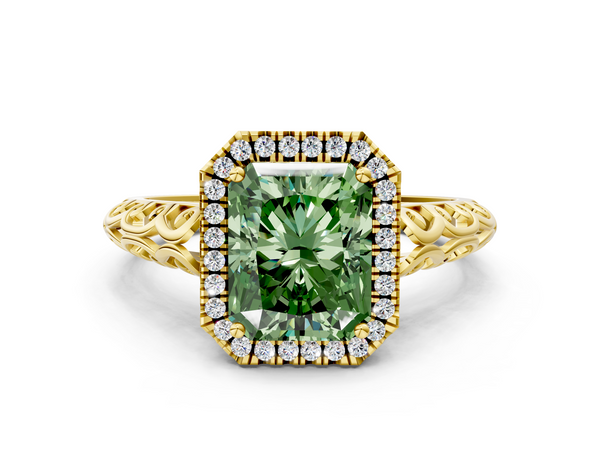 Yellow gold Fancy Green Radiant  Halo Diamond Engagement Ring with Intricate Filigree Band and Four-Prong Setting