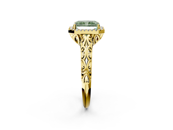 Yellow gold Fancy Green Radiant  Halo Diamond Engagement Ring with Intricate Filigree Band and Four-Prong Setting