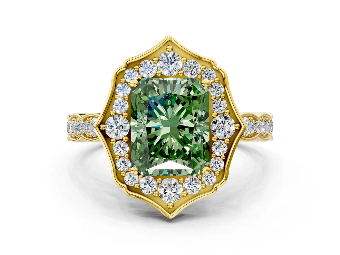 Yellow gold Fancy Green Radiant  Halo Diamond Engagement Ring with Milgrain Band and Four-Prong Setting_37