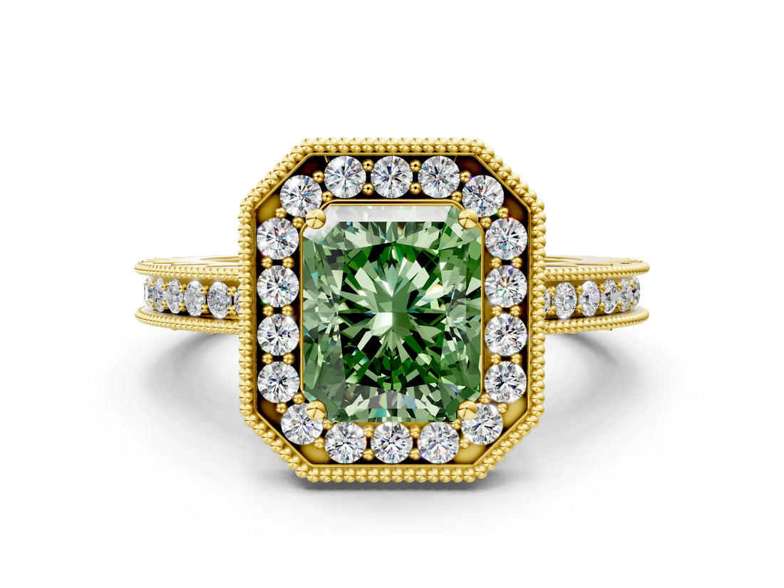 Yellow gold Fancy Green Radiant  Halo Diamond Engagement Ring with Milgrain Pave Band and Four-Prong Setting_12