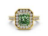 Yellow gold Fancy Green Radiant  Halo Diamond Engagement Ring with Milgrain Pave Band and Four-Prong Setting_12