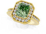 Yellow gold Fancy Green Radiant  Halo Diamond Engagement Ring with Milgrain Pave Band and Four-Prong Setting_13