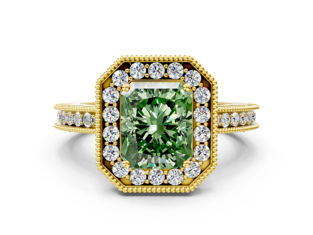 Yellow gold Fancy Green Radiant  Halo Diamond Engagement Ring with Milgrain Pave Band and Four-Prong Setting_75