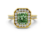 Yellow gold Fancy Green Radiant  Halo Diamond Engagement Ring with Milgrain Pave Band and Four-Prong Setting_75