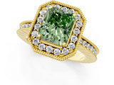 Yellow gold Fancy Green Radiant  Halo Diamond Engagement Ring with Milgrain Pave Band and Four-Prong Setting_76