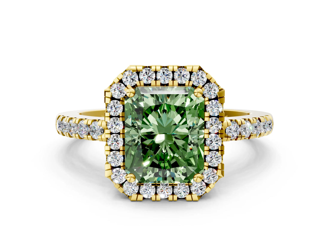 Yellow gold Fancy Green Radiant  Halo Diamond Engagement Ring with Pavé Band and Four-Prong Setting_123