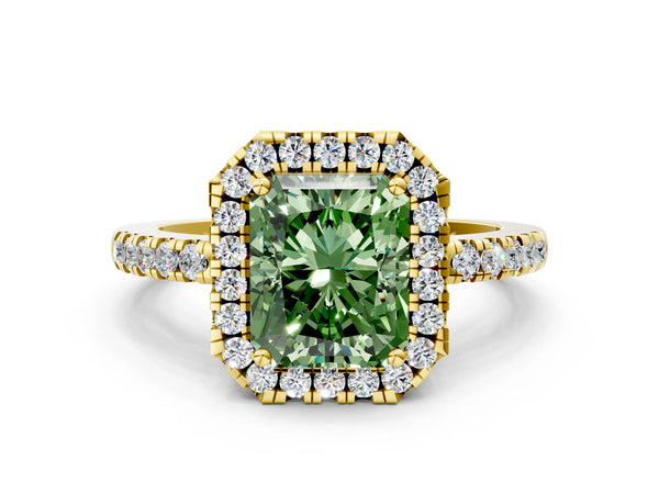 Yellow gold Fancy Green Radiant  Halo Diamond Engagement Ring with Pavé Band and Four-Prong Setting