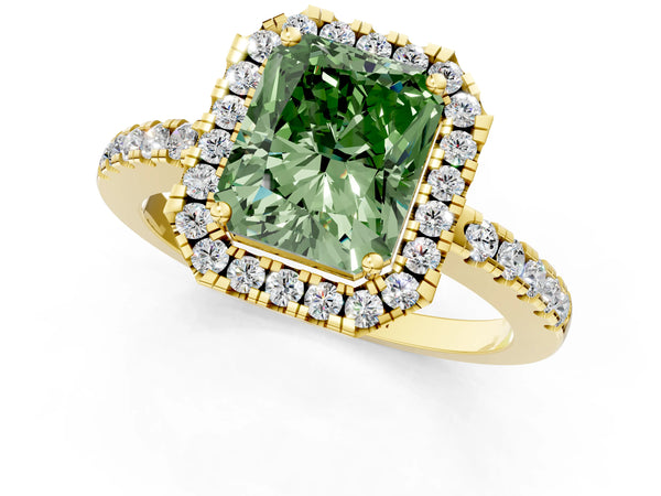 Yellow gold Fancy Green Radiant  Halo Diamond Engagement Ring with Pavé Band and Four-Prong Setting