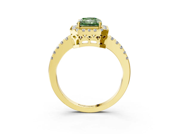 Yellow gold Fancy Green Radiant  Halo Diamond Engagement Ring with Pavé Band and Four-Prong Setting