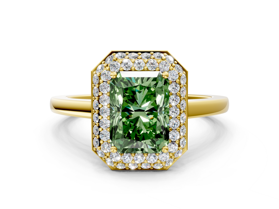 Yellow gold Fancy Green Radiant  Halo Diamond Engagement Ring with Solitaire Band and Four-Prong Setting_20