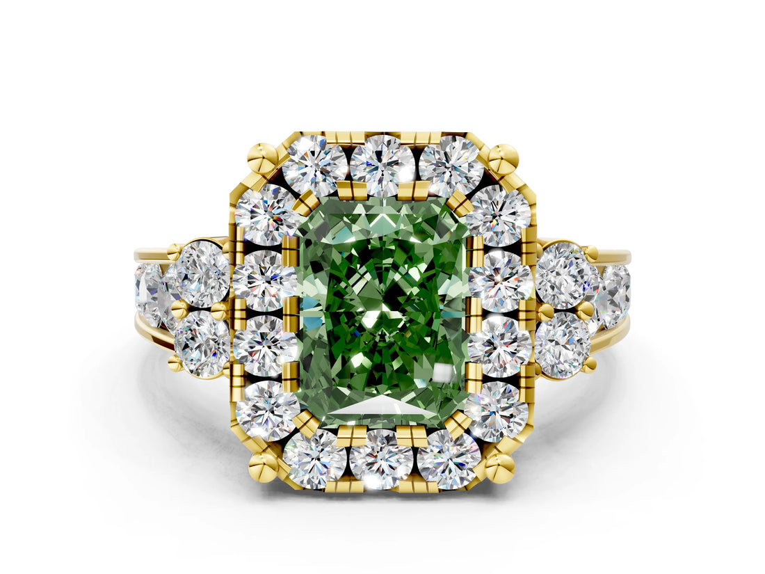 Yellow gold Fancy Green Radiant  Halo Diamond Engagement Ring with Split Shank and Four-Prong Setting_43