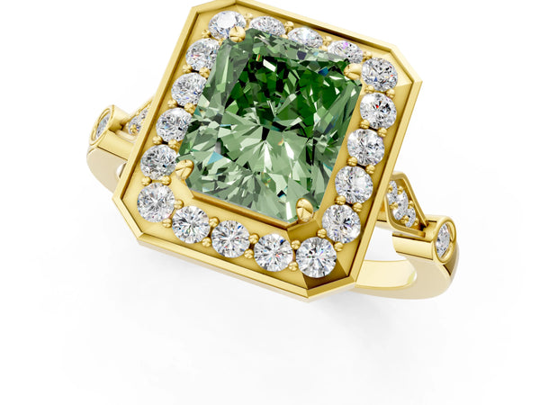 Yellow Gold Radiant Cut Bezel Station Halo Engagement Ring Setting for Fancy Green Center