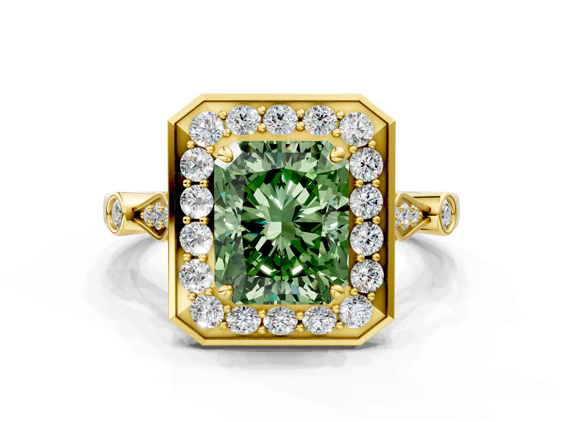 Yellow gold Fancy Green Radiant  Halo Diamond Engagement Ring with Twisted Band and Four-Prong Setting