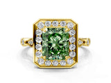 Yellow gold Fancy Green Radiant  Halo Diamond Engagement Ring with Twisted Band and Four-Prong Setting