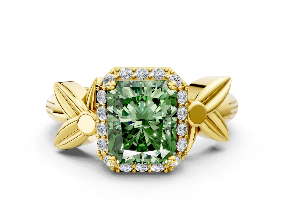 Yellow gold Fancy Green Radiant  Halo Diamond Floral Band with Four-Prong Setting_55