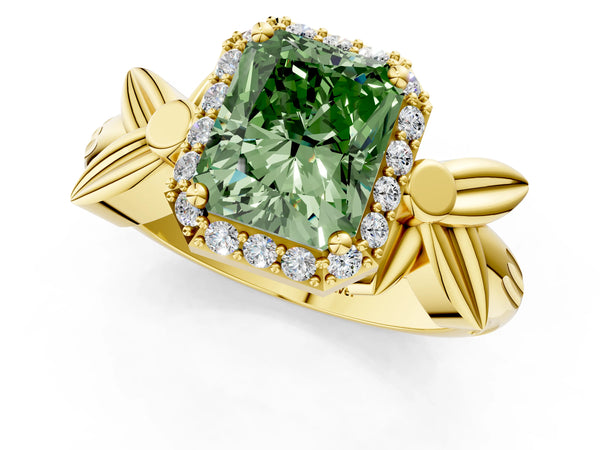 Yellow gold Fancy Green Radiant  Halo Diamond Floral Band with Four-Prong Setting