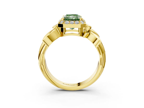 Yellow gold Fancy Green Radiant  Halo Diamond Floral Band with Four-Prong Setting