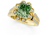 Yellow gold Fancy Green Radiant  Halo Diamond Floral Split Shank Engagement Ring 1