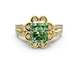 Yellow gold Fancy Green Radiant  Halo Diamond Floral Split Shank Engagement Ring