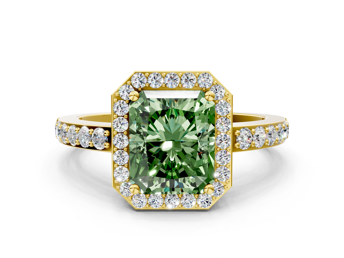Yellow gold Fancy Green Radiant  Halo Diamond Pavé Band Ring with Prong Setting_20