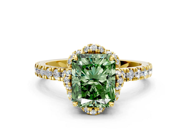 Yellow gold Fancy Green Radiant  Halo Diamond Pave Band Ring with Four-Prong Setting
