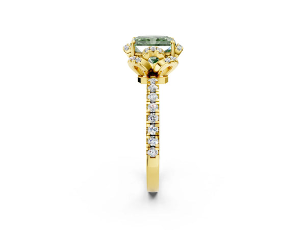 Yellow gold Fancy Green Radiant  Halo Diamond Pave Band Ring with Four-Prong Setting