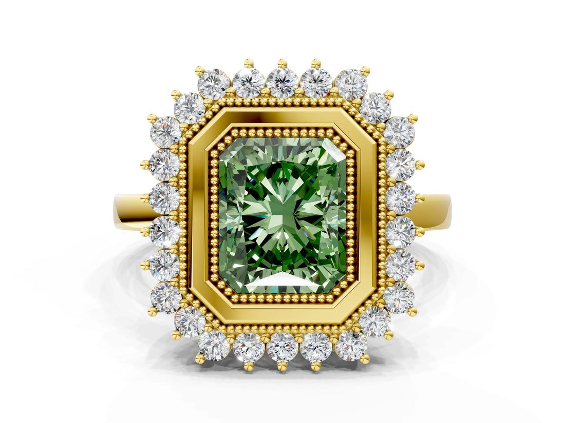 Yellow gold Fancy Green Radiant  Halo Diamond Ring with Milgrain Edge and Round Prong Setting_26