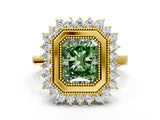 Yellow gold Fancy Green Radiant  Halo Diamond Ring with Milgrain Edge and Round Prong Setting_26