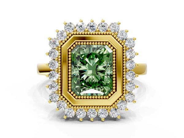 Yellow Gold Radiant Cut Milgrain Bezel Halo Engagement Ring Setting for Fancy Green Center
