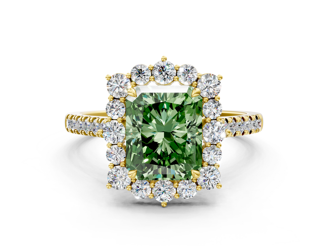 Yellow gold Fancy Green Radiant  Halo Diamond Ring with Pavé Band and Prong Setting_37