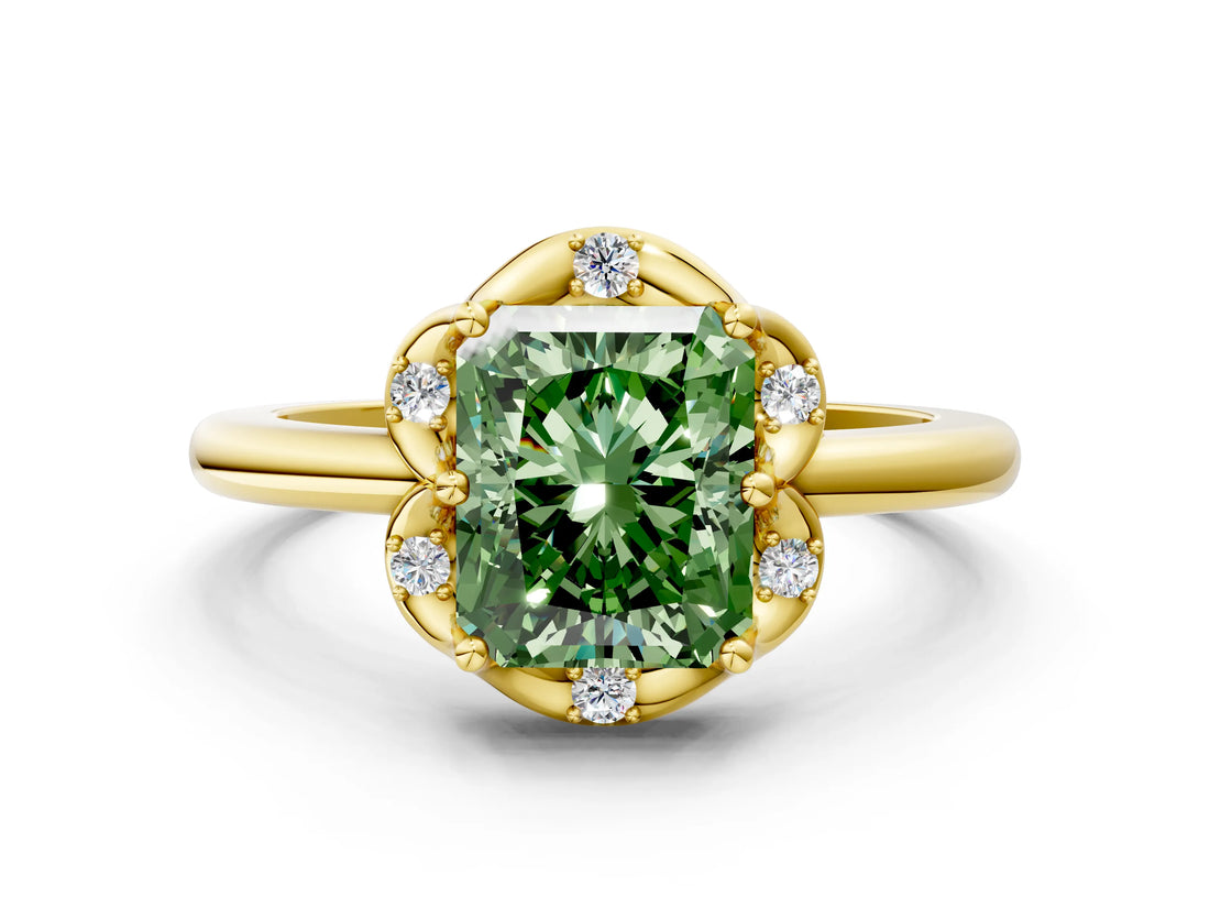 Yellow gold Fancy Green Radiant  Halo Diamond Ring with Round Cluster Setting, Solitaire Band, and Four-Prong Setting_49