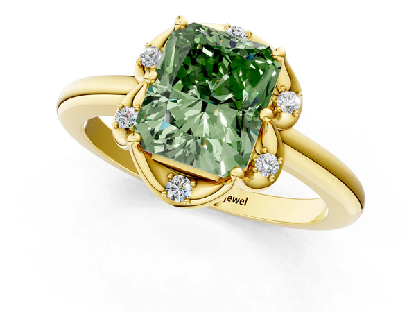 Yellow gold Fancy Green Radiant  Halo Diamond Ring with Round Cluster Setting, Solitaire Band, and Four-Prong Setting
