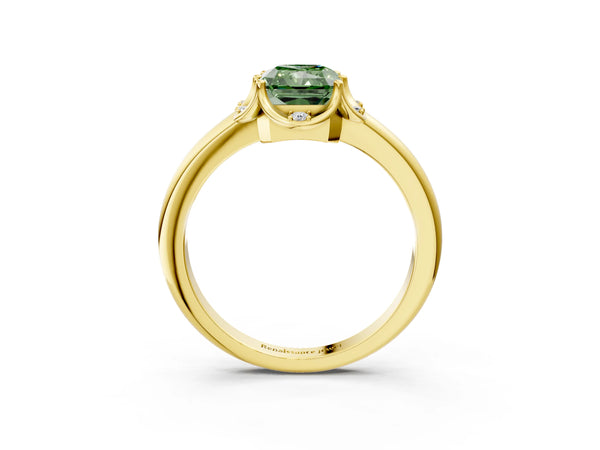 Yellow gold Fancy Green Radiant  Halo Diamond Ring with Round Cluster Setting, Solitaire Band, and Four-Prong Setting