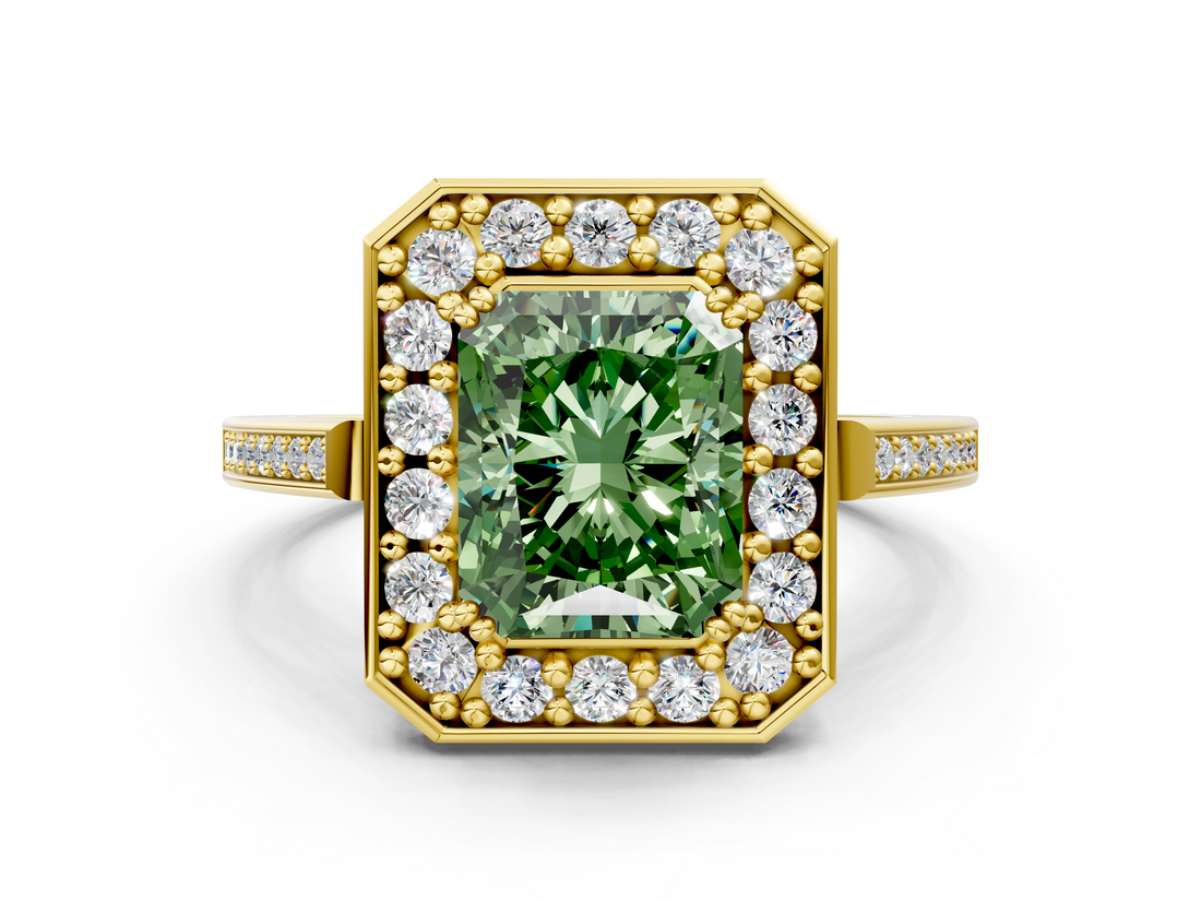 Yellow gold Fancy Green Radiant  Halo Diamond Ring with Split Shank and Four-Prong Setting_53