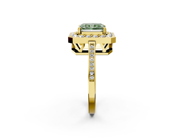 Yellow gold Fancy Green Radiant Cut Diamond Halo Ring with Split Shank and Four-Prong Setting