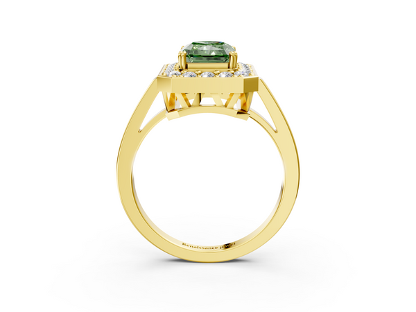 Yellow gold Fancy Green Radiant Cut Diamond Halo Ring with Split Shank and Four-Prong Setting