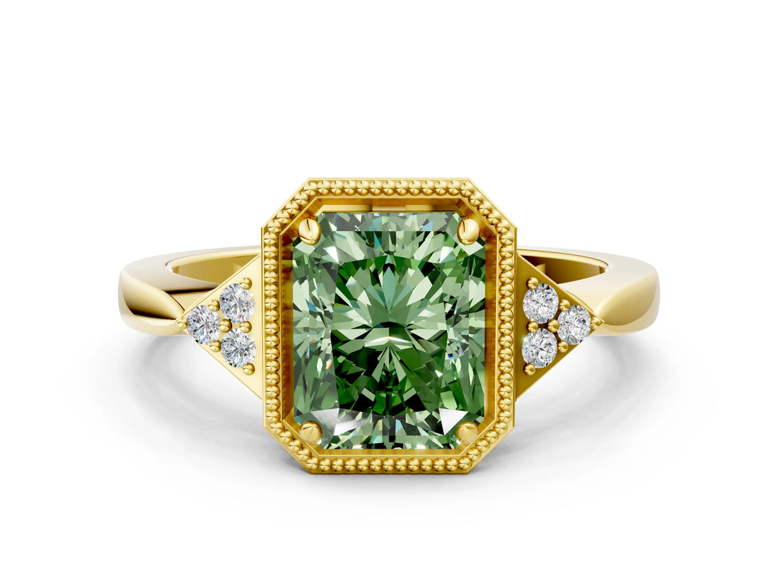 Yellow gold Fancy Green Radiant  Halo Diamond Ring with Tapered Band and Four-Prong Setting_7