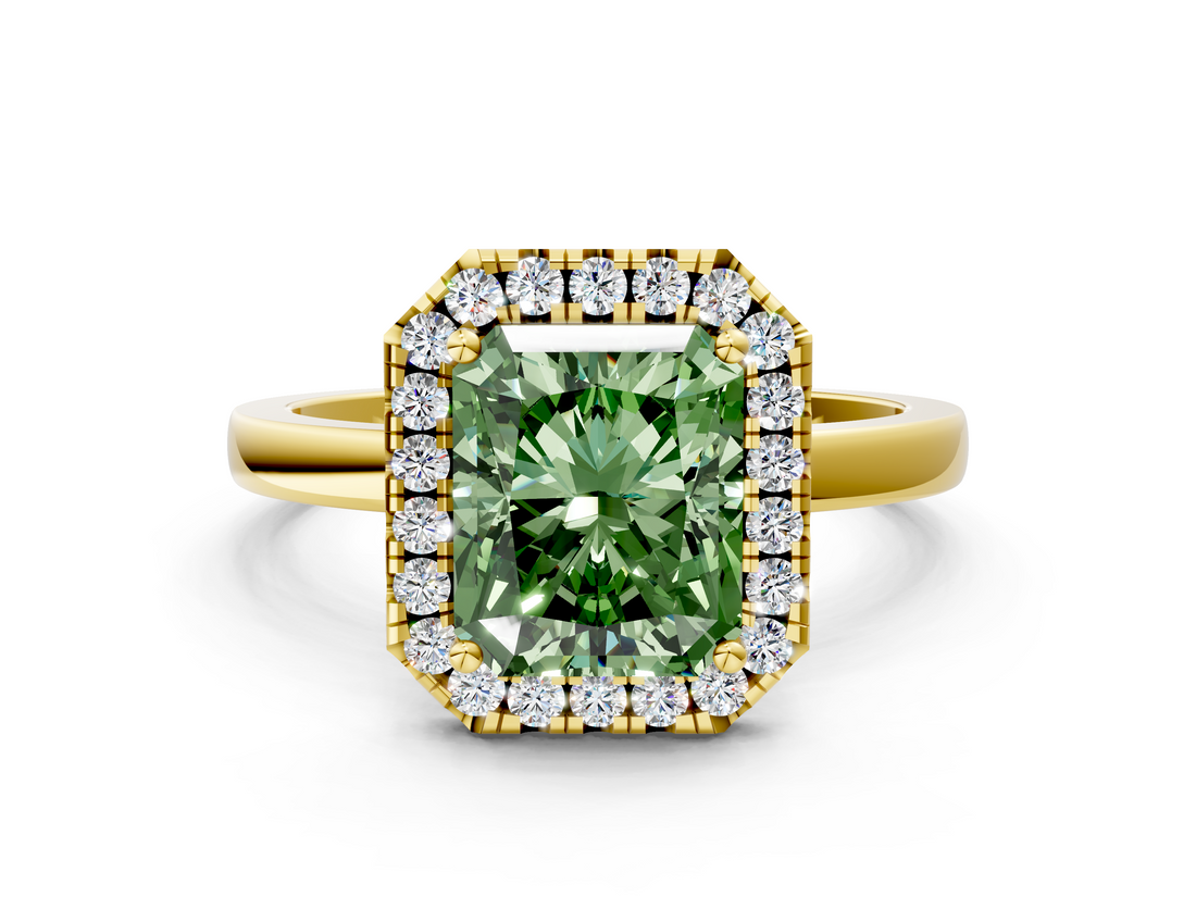 Yellow gold Fancy Green Radiant  Halo Diamond Solitaire with Pavé Band and Four-Prong Setting_76